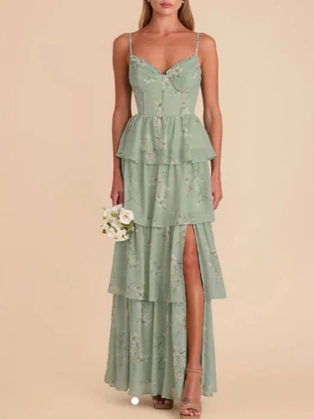 Birdy Grey Lola Chiffon Bridesmaid Dress Sage Floral Tiered Maxi Slit XS